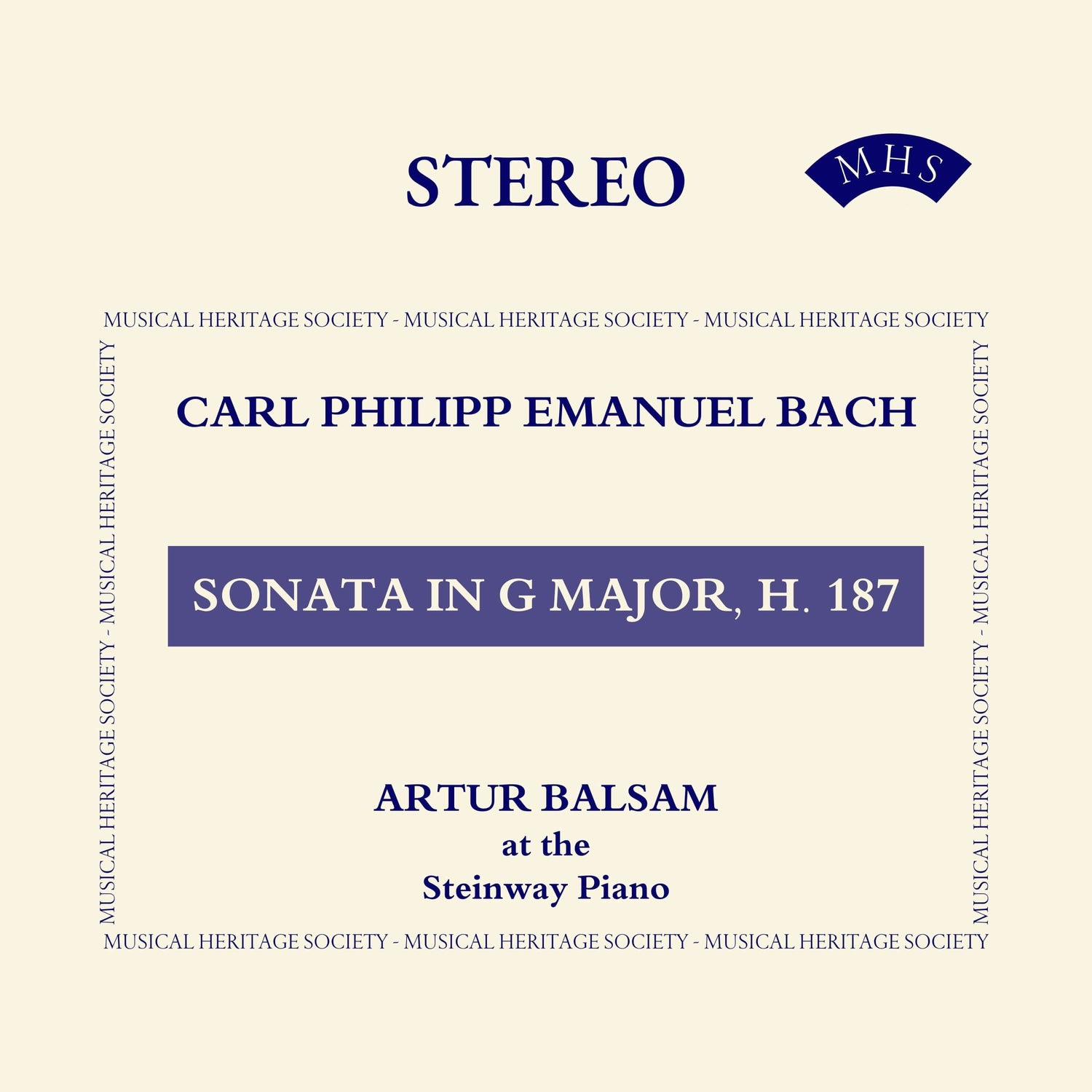 Cover of Carl Philipp Emanuel Bach's Sonata in G Major, H. 187, performed by Artur Balsam at the Steinway Piano, released by Musical Heritage Society.