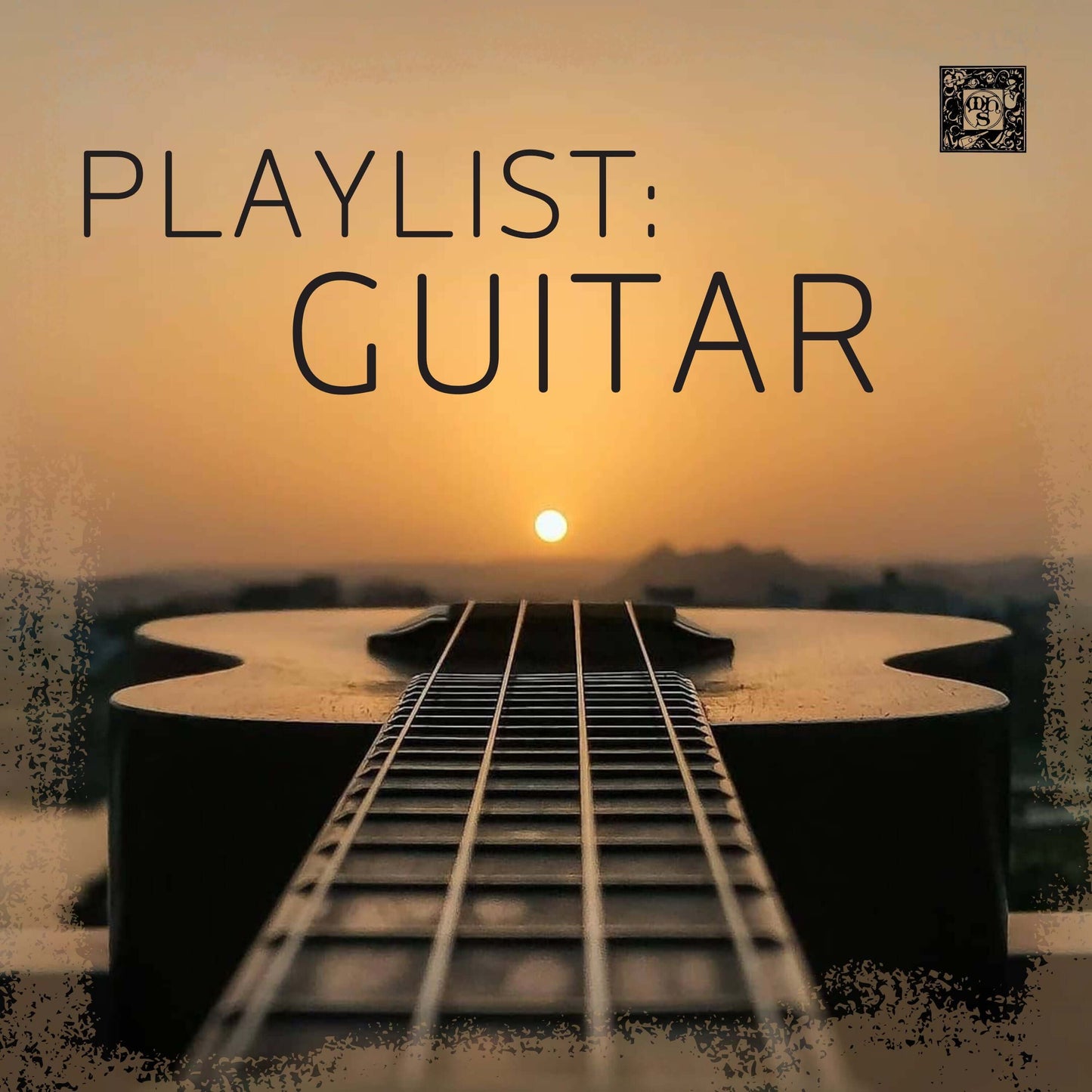 Guitar Playlist album cover featuring a guitar with sunset background