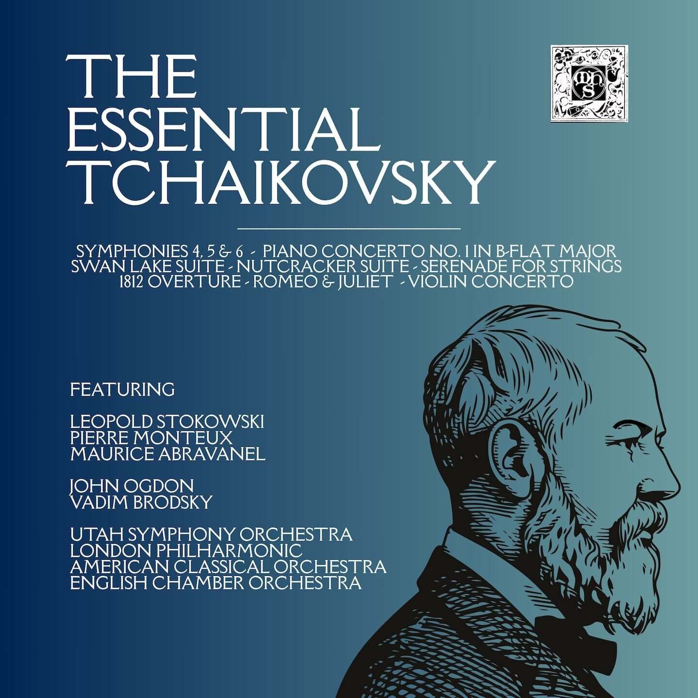 The Essential Tchaikovsky cover featuring works like Swan Lake, Nutcracker Suite, and performances by top orchestras.