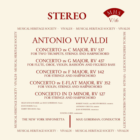 VIVALDI: Concertos (Vol. 16) album cover featuring New York Sinfonietta, Max Goberman conductor, listed concerto works and musicians